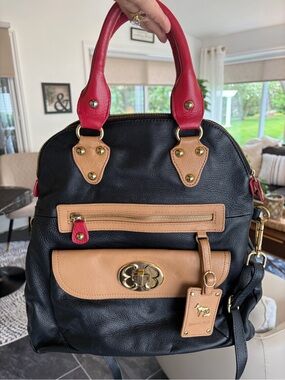 Emma Fox Black Shoulder Bag with Tan Trim and Red Handles